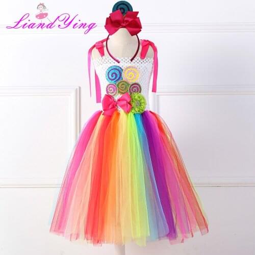 Rainbow Sweet Candy Tutu Dress for Girls Halloween Birthday Party Clothes Kids Flowers Bow Lollipop Candy Costume with Headband