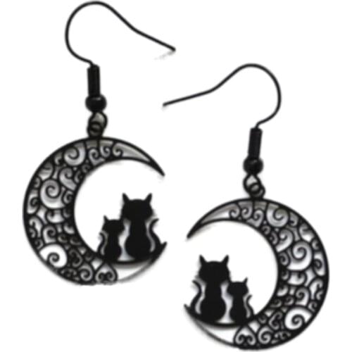 Witchy Black Moon Cat Earrings Drop Crescent Filigree Gothic Punk Statement Jewelry Minimalism Cat Lover Gift Fashion Women New