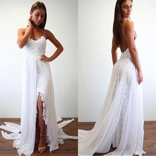 Chic Lace Chiffon Spaghetti Straps Neckline A-line Wedding Dresses Backless Chiffon Beach Wedding Gowns with Appliques