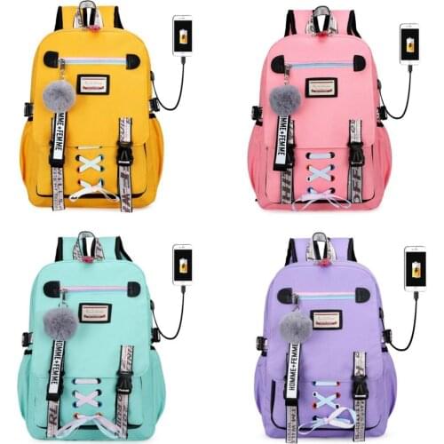 Student Girls Big School Bags Bookbags Large USB Printing Fashion Ribbon Bow Teenage Girls boys Schoolbag Backpack 5 color
