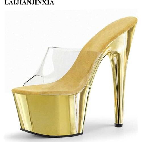 Stylish 17 Cm High Princess Slippers Sexy Nightclub High Heel Pumps Transparent Womens Platform Pole Dancing Shoes