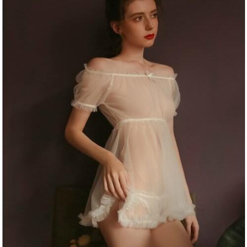 Womens Clothing Mesh Transparent Sexy Lingerie Mini Dress Sling Five-point Sleeves Flowers Sexy Lace Pajamas Nightdress Set
