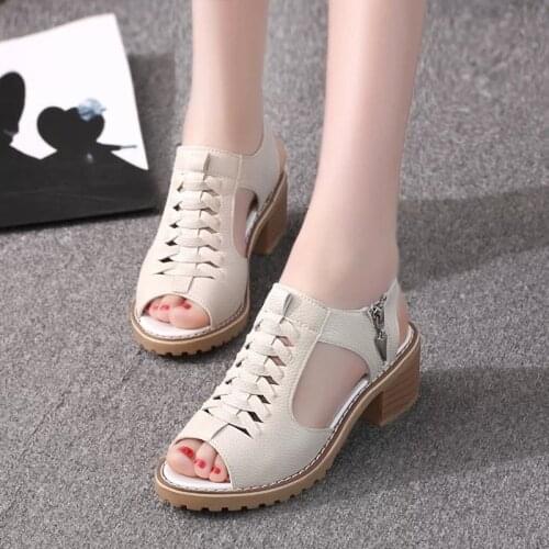 Womens Sandals 2021 summer new womens sandals thick heel mid-heel sandals female hollow Roman womens shoes