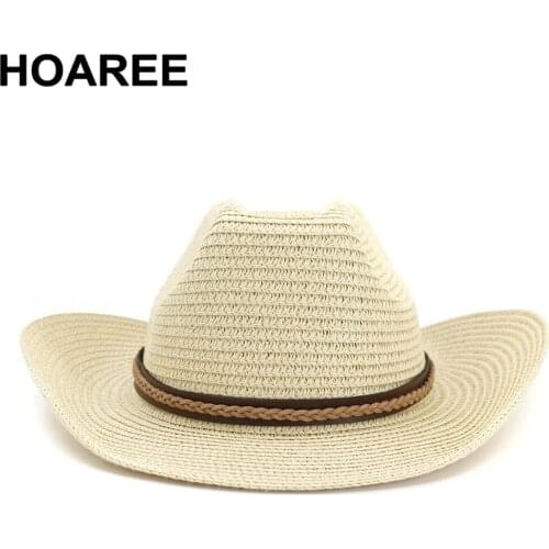 HOAREE Beige Cowboy Hat Women Men Summer Straw Sun Hat Wide Brim Sombrero 2021 New Arrival Cowgirl Straw Cap