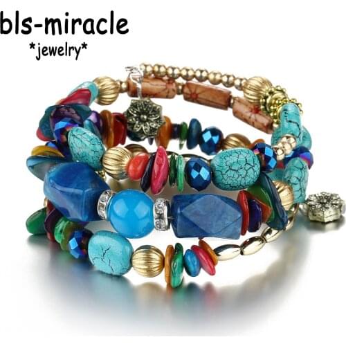 Bls-miracle Brand Woman Boho Multilayer Beads Charm Bracelets for Women Vintage Resin Stone Bracelets & Bangles Jewelry BA-181