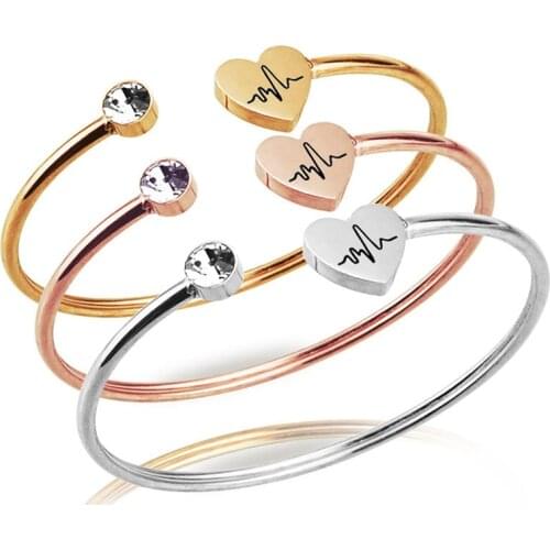 Fashion Stainless Steel Heart Cuff Opening Bangle Bracelet Electrocardiogram For Women Jewelry Gift Mujer Pulseras 60mm