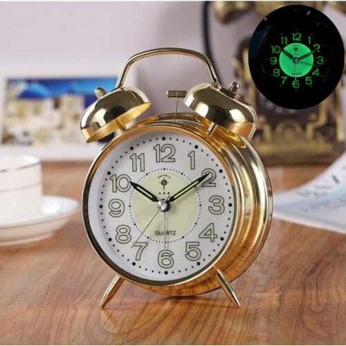 Alarm Clock Bells On Top Heavy Sleepers Loud Gold Round Desk Clock Bedroom Office Kitchen Room Quartz Class Alarm Clock