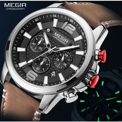 MEGIR Casual Leather Strap Watches Men 2020 Luxury Brand Military Sports Chronograph Wristwatch Waterproof Luminous Quartz Watch