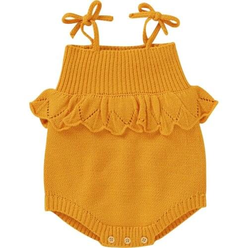 Infant Baby Girl Boy Knit Romper Sleeveless Strap Lace-up Jumpsuit Toddler Baby Solid Color Ruffles Knitted Sweater Bodysuit