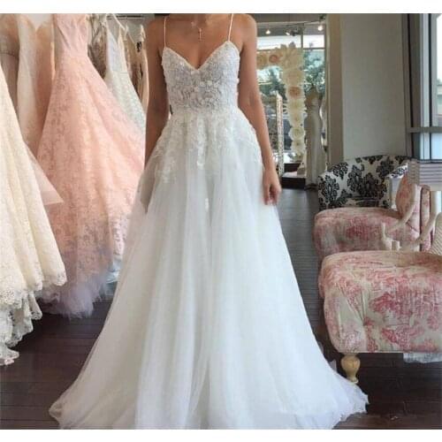 Elegant 2020 Boho Summer White Wedding Dress A Line Spaghetti Straps Lace Applique Country Garden Bridal Gown wedding gown