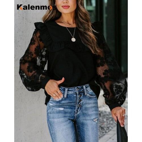 T-shirt Women O-neck Lace Stitching Ruffled Long Sleev Harajuku Mesh Lace Tops Woman Tshirts Korean Japan Sexy Club Streetwear