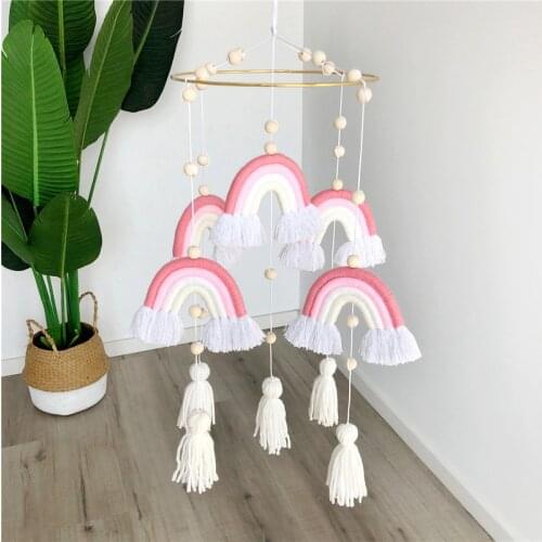 INS Woven Rainbow Tapestry Wind Chimes With Wooden Beads Tassels Wall Hanging Pendant Kids Room Decorations Nursery Decor Props