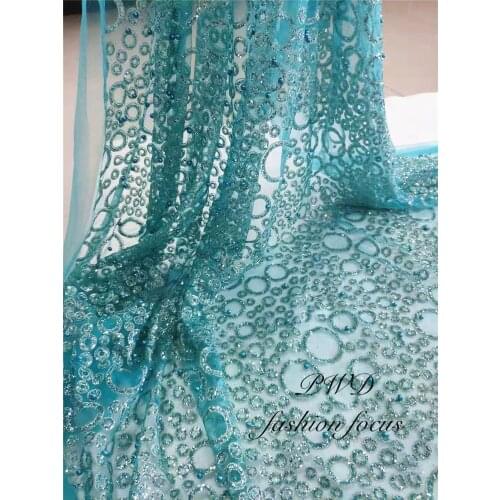 Classical Dotty Tulle Net Lace with Beads Glitter African Lace Fabric for Wedding Dress In Green Blue Color 5Yards/lot