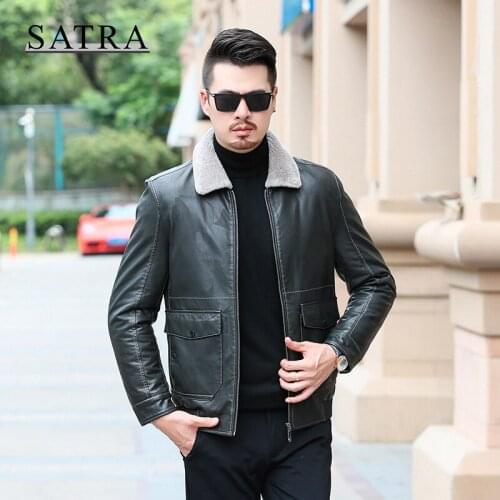 SATRA 2021 New Arrival High Quality Thick Leather Jacket Mens Autumn Winter Mens Jacket Fashion Faux Fur Collar Windproof Warm
