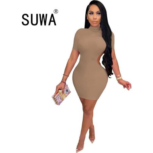 2021 New Product Solid Color Summer Women Dresses Short Sleeve Backless Hollow Out Sexy Sheath Mini Dress Wholesale