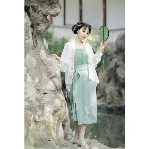 Original Design Flyings Flower Embroidery Womens Chinese Style Hanfu 3PCS Set: Trench + Vest + Long Skirt Good Quality
