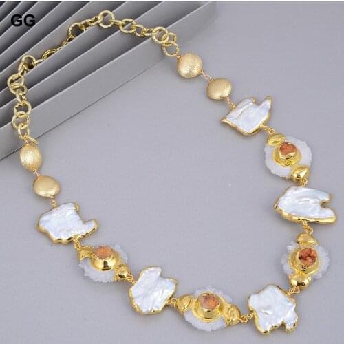 GG Jewelry Natural Cultured White Keshi Pearl Slice Orange Druzy Quartzs Gold Color Plated Chain Necklace Jewelry For Women