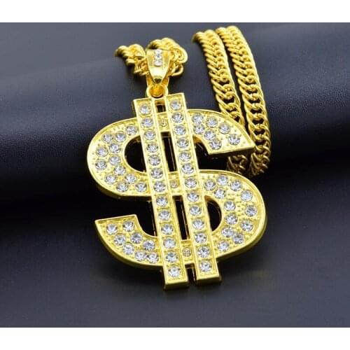 Fashion Dollar Pendant Necklaces Men Hip Hop Jewelry Gold Long Chain Big Necklace Steampunk Rhinestone Statement Necklace Gift