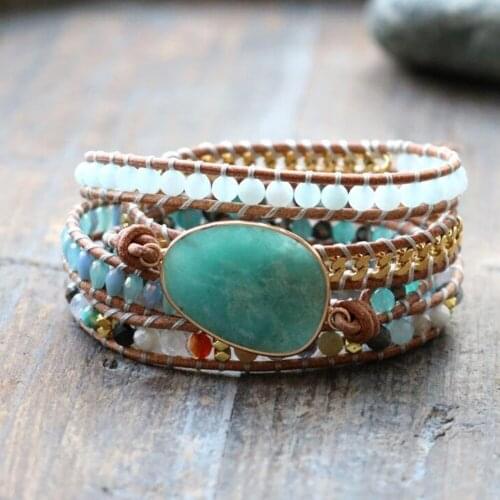 Plumiss Water Drop Amazonite Leather Wrap Bracelets for Women 5Strands Mix Chain Stone Beads Bracelet Boho Jewelry Mujer Bijoux