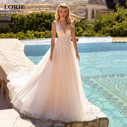 LORIE Boho Wedding Dresses V Neck Appliqued Lace A Line Princess Wedding Gown Backless White Ivory Bride Dress 2021