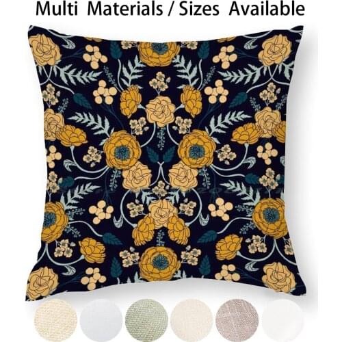 Navy Blue , Turquoise , Cream & Mustard Yellow Dark Floral Pattern Pillow Case Throw Pillow Cover Cotton Linen Flax Dark Floral