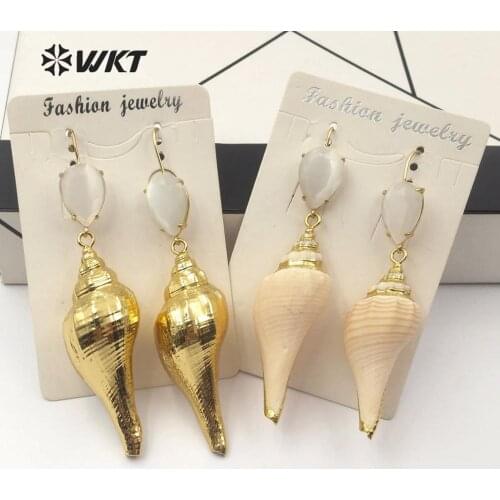 WT-E565 WKT Natural Trumpet Shell Earring Full Gold Electroplated/Gold Trim Earring Women Fashion Earrings Jewelry Beach Jewelry