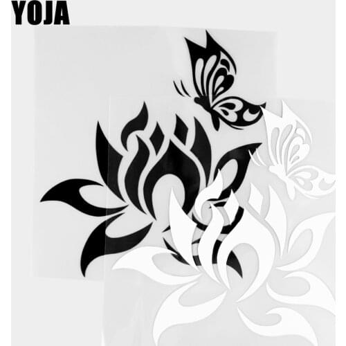 YOJA 15.8×17.5CM Cartoon Vinyl Decal Lotus Butterfly Animals Pattern Car Stickers Black/Silver 19C-0365