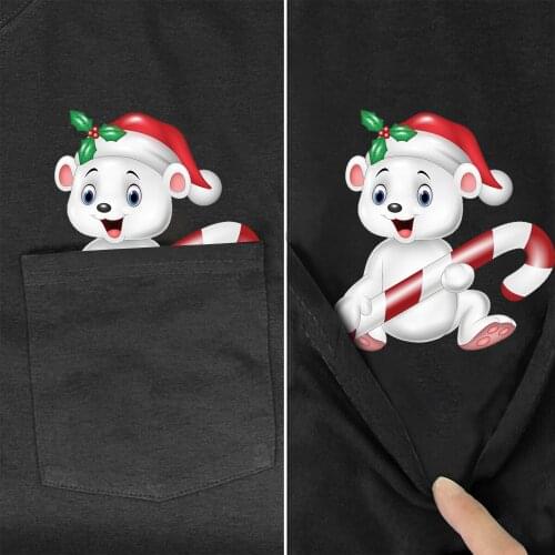 Funny Cotton T-Shirt Fashion Brand Summer Pocket Christmas Polar Bear Printed Shirt Hip Hop Tops Black Cotton Tees Drop Shipping