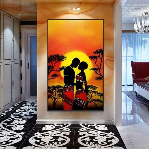 Sunset Landscape Canvas Painting Romantic African Lover Wall Art Posters and Prints Abstract Picture for Living Room Home Decor