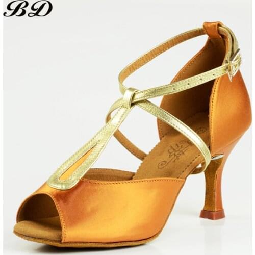 Sneakers Top Grade WOMEN Dance Shoes Latin Shoes Imported Satin BD 2369 Diamond Buckle Thin High heels Sandals Golden Shoelaces