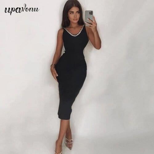 Free Shipping Sexy Halter Bandage Midi Dress 2021 Summer Women Sling V-neck Sleeveless Bodycon Diamond Dress Club Party Vestidos