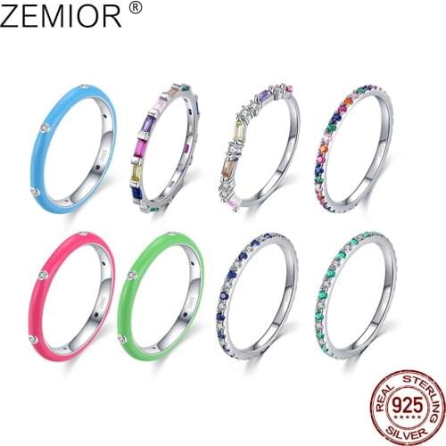 ZEMIOR Real 925 Sterling Silver Rings For Women Rainbow CZ Simple Fashion Finger Ring Stackable Enamel Brand Fine Jewelry Rings