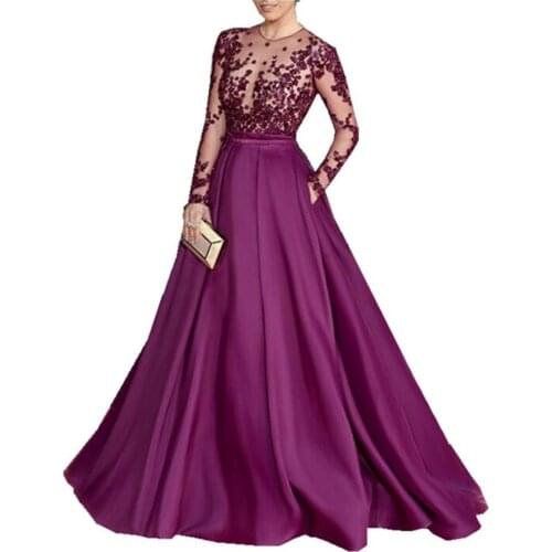 2020 Purple Long Sheer Sleeves O Neck Celebrity Dress Woman Red Cerpet Dresses A-Line Beaded Satin Evening Gowns robe de soiree