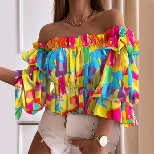 2021 Boho Blouse Elegant Floral Print Flare Sleeve Shirt Sexy Off Shoulder Women Tops Spring Summer Chic Blouses