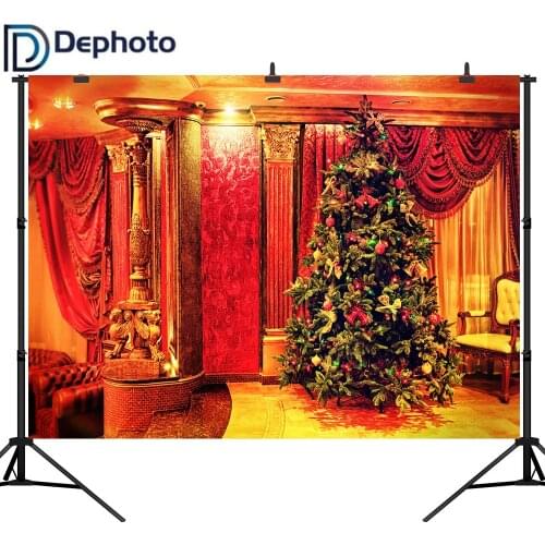 Dephoto Christmas Tree Photography Background Retro Luxury Vintage Lndoor Decoration Chair Curtain Photo Backdrop