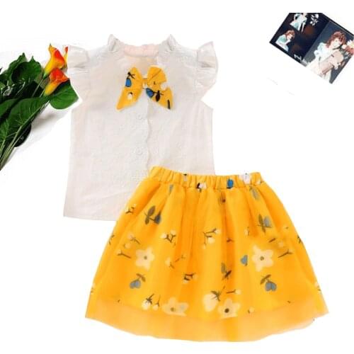 Kids Girls Clothing Set 2021 Summer New Fashion Child Ruffled Sleeveless Shirt Floral Mesh Skirt 2 Pcs Kids Costume 2-6 Years