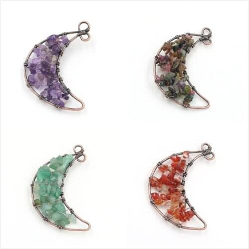 FYJS Unique Copper Plated Handmade Wire Wrap Crescent Moon Amethysts Stone Pendant Ethnic Style Carnelian Jewelry