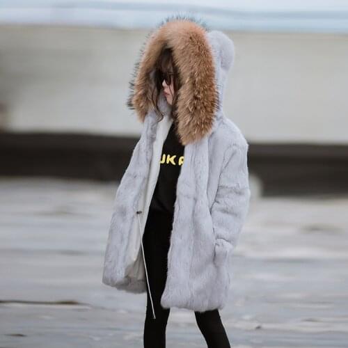 JKP 2021 new winter children Real rabbit fur coat children girls solid warm Natural raccoon fur Collar coat
