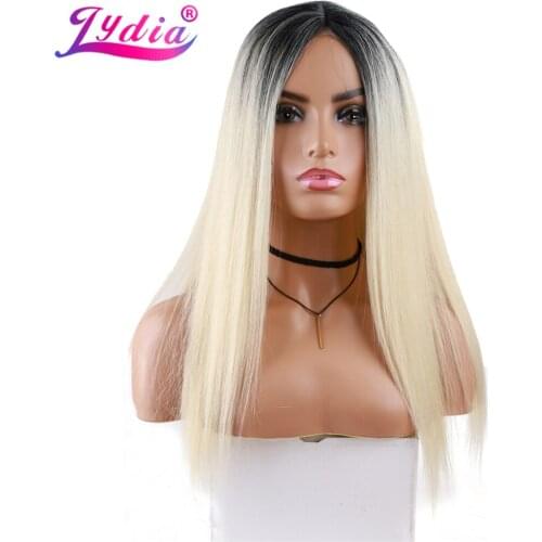 Lydia Long Silky Straight Synthetic Lace Wigs Women Black Heat Resistant Futura Mixed Hair Natural Looking Blonde Ombre 20Inch