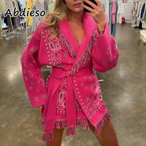 Abdieso Fashion Tassel Women Cardigan 2021 Y2K Print Long Sleeve Oversized Knitted Sweater With Sash Casual Autumn Winter Jumper