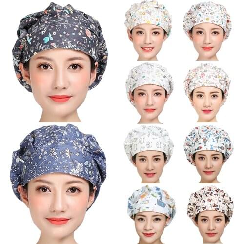 Bouffant Scrub Hats Flower Printed Cotton Sweatband Cap Adjustable Anti-dust Washable Workwear for Women Hair Cover Working Hats