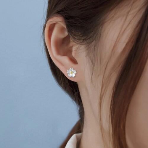 NEW Real S925 Sterling Silver Sakura Flower Earrings for Women Girls Cute Stud Fine Jewelry Wedding Gifts