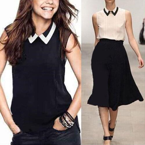 2021 New Sleeveless Shirt Doll Collar Mesh Chiffon Shirt Trend Sleeveless Slim Vest Black And White Color Matching Lapel Shirt