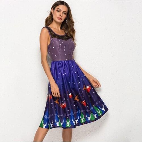 New Fashion Short Sleeve Casual Lace Patchwork A-Line Vestidos Christmas Tree Print Dress Women Knee Length Elegant Party Dress