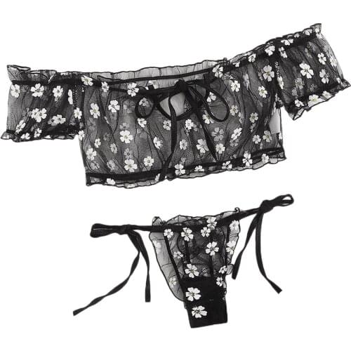 New Womens Floral Mesh Lingerie Set Frill Bra and Self Tie Thong Panty Suit Summer Sexy Pajamas Swimsuit 2Pcs Sets