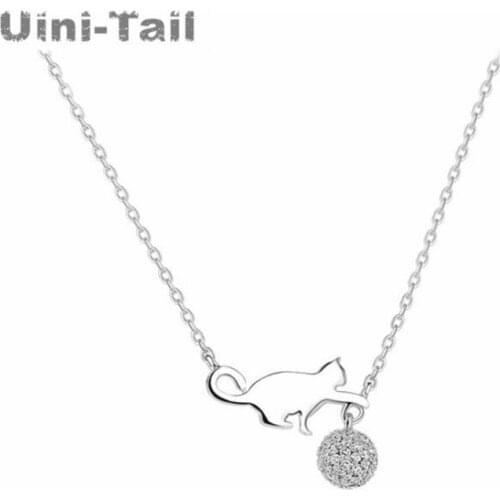 Uini-Tail hot sale new 925 sterling silver cat playing ball micro-set necklace simple wild sweet romantic temperament jewelry