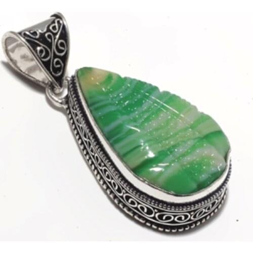 Green Carved Botswana Agate Leaf Pendant Silver Overlay over Copper Jewelry , Hand Made Women Jewelry Gift, P9127