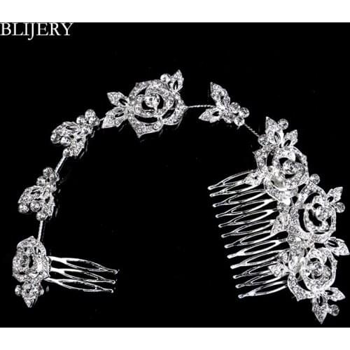 BLIJERY Fashion Rose Flower Crystal Wedding Hair Accessories For Women Luxury Silver Color Rhinestone Long Bridal Hair Combs