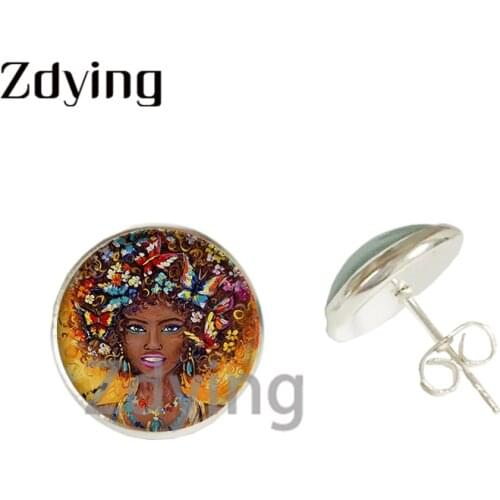 Zdying Ethnic African Woman Girls Afro Oil Painting Stud Earring Glass Cabochon Dome Woman Man Earrings Party Jewelry Gift AF032
