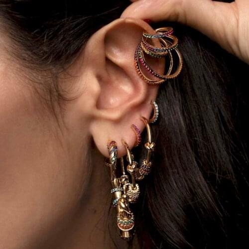 1pc rainbow white cz multi Wrap Circle no piercing cuff earring Gold Color lines layered women fashion ear bone clip on earring